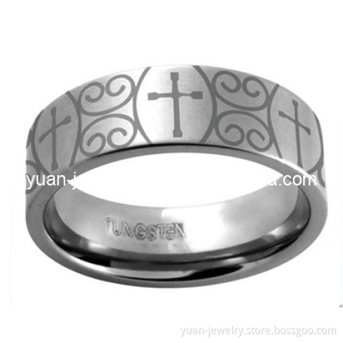 Men's Laser Etched Cross Tungsten Band Ring